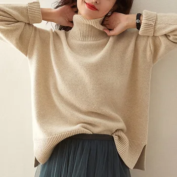 Jesenné a zimné dámske svetre bežné farbou vysoký krk dlhý rukáv voľné sveter