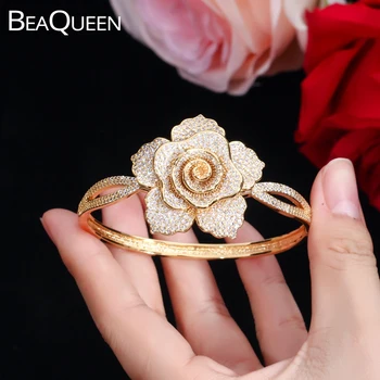 BeaQueen Nigérijský Afriky Zlatá Farba Otvorená Manžeta Bangles Elegantné Veľký Kvet Micro Pave Cubic Zirconia Kameň Ženy Šperky B148