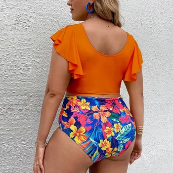 Letné dámske Plus Veľkosť 3XL 4XL Plaviek Orange Prehrabať Rukáv Bikini Top Kvetinový Tlač Vysoký Pás Plavky, Spodná Veľké Plavky