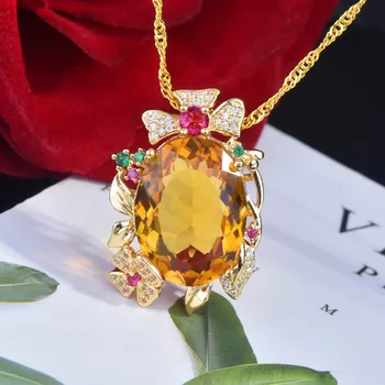 Nová Zlatá Farba Luxusné Oválne Šampanské Žltá Turmalín Crystal Kameň CZ Náhrdelník Prívesok Pre Ženy, Svadobné Party Šperky