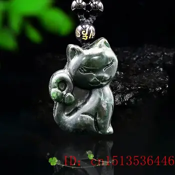 Black Green Jade Mačka Náhrdelník Prívesok Charm Módne Vyrezávané Muž Žena Darčeky Čínsky Šperky Prírodné Amulet Sveter Reťazca