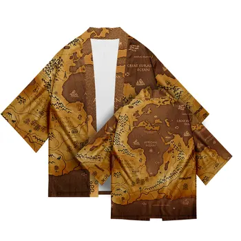 Plus Veľkosť Mapy Sveta Tlač 2022 Voľné Letné Japonské Streetwear Cardigan Ženy Muži Harajuku Kimono Cosplay Retro Košele Yukata
