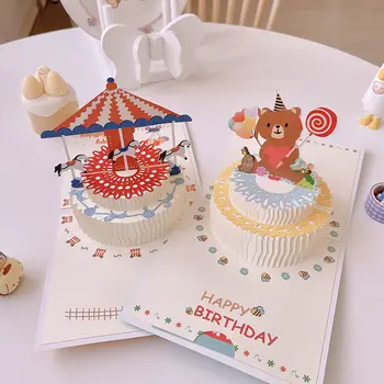 Kórejský štýl iny net červený rovnakej bear 3D tortu pohľadnice roztomilý narodeniny karta creative 3D papier rezbárstvo darček