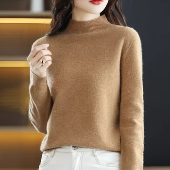 Jeden-line ready-to-wear bezšvíkové vlnený sveter žien vlna jeseň a v zime pol turtleneck široký pulóver cashmere sveter