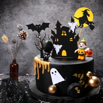 Cake Decoration Black Bat Zámok Čarodejnice Ghost Šťastný Halloween Cake Mulčovače Papercard pre Halloween Party Dezert Cupcake Dekor