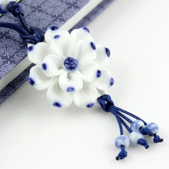 Handmake Vintage Lotosový Kvet Prívesok Náhrdelník Sveter Reťazca Modré a Biele Keramické Príslušenstvo Čínsky Štýl so suvenírmi Remeselné