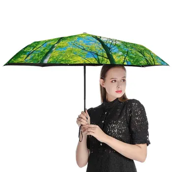 Zem Lesa Vytlačené Dáždnik Dážď Ženy Automatický Dáždnik Tri Skladacie Slnečné Ochranný Dáždnik Muž Prenosné Parasol