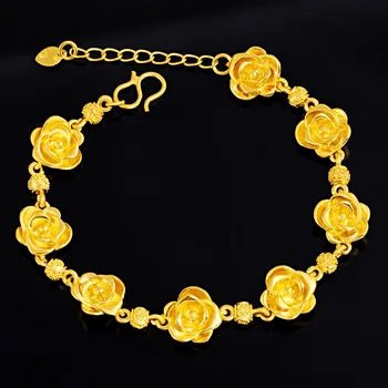 Luxusné Pevné 18K Čistého Zlata Farebné Náramky pre Ženy Zlaté Kvety Náramky Strane Reťazca Narodeniny Nevesta Svadobné Jemné Šperky Dary
