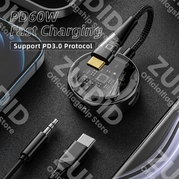 Transparentné 2v1 USB C do 3,5 mm konektor pre Slúchadlá Audio Adaptér Typ-C Aux PD 60W, Rýchle Nabíjanie Nabíjací Kábel usb Dongle Pre iPad, Samsung
