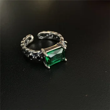 BASDOLL Mincový Striebro Retro Emerald Štvorcový Zirkón Otvoriť Krúžok Sučka Nika Dizajn a Módne Svetlo Luxusné Šperky
