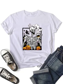 Ženy Halloween Horúcej Kávy Kostra Tekvica Lebky T-shirt Denne Dievča Y2K Harajuku Tee Topy Žena Sreewear Oblečenie