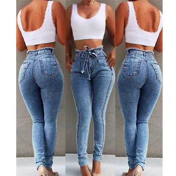 Tilorraine 2021 hot predaj dámske džínsy slim fit elastické strapec pás vysoký pás džínsy vysoký v strede zúžený džínsy, nohavice streetwear