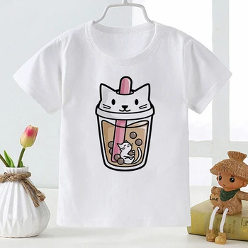 Kawaii Mačka Mlieko čaj Tlačiť T-shirt Super Roztomilý Kreslený detské šaty Dievča, Chlapec Lete Módny Trend Topy kórejské Deti T Tričko