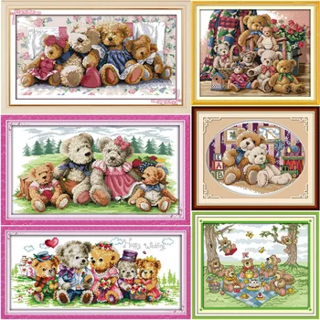 Oneroom Happy Bear family teddy bear DMC Frabric DIY handwork Výšivky Čínsky Cross Stitch Súpravy Cross-stitch nastaviť
