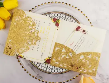 Doprava zadarmo 50X Champagne Rose gold glitter svadobné pozvánky, obálky osobné RSVP rezanie laserom vrecku násobne pozvať