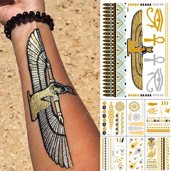 Nepremokavé Dočasné Tetovanie Nálepky Egypt Bohyne Zlato Strieborné Kovové Flash Tetovanie Boho Strane Fatimy, Šperky Lesk Body Art