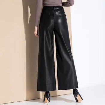 Zimné módne dámske hrubé originálne kožené nohavice vysoký pás bežné Ovčej kože nohavice žena black velvet širokú nohu, nohavice F521