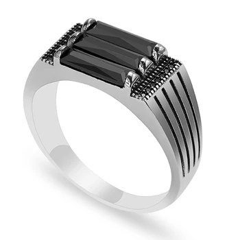 Jednoduchý Tri Vrstvy Čierny Kameň Prstene pre Mužov Silver Farba Krúžky, Príležitostné Šperky Veľkoobchod