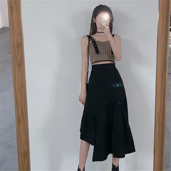 Cargo Black Punk Vysoký Pás Streetwear Gotický Nepravidelné rozdelenie Voľné Midi Sukne kórejskej Ženy Harajuku Čierna Sivá skladaná sukňa