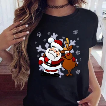 Ženy, Veselé Vianoce Dovolenku Tshirts Módne dámske Topy Tee Legrační Karikatúra Santa Sobov Vytlačené Čierne tričko Žena