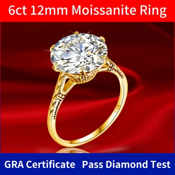 Szjinao Masívne Certifikované 12mm 6ct Okrúhly Rez Moissanite Krúžok Pre Ženy 925 Silver Diamond Test Prejsť dámske Šperky Predaj