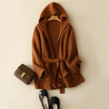 2021 zimné hrubé cashmere vlna kapucňou sveter coats ženy elegantné pletené vrchné oblečenie s pásom nadrozmerné módne dámy svetre