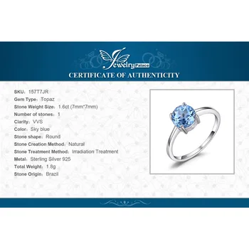 JewelryPalace 1.6 ct Prírodné Sky Blue Topaz 925 Sterling Silver Ring pre Ženy Solitaire Drahokam, Jemné Šperky Výročie Darček