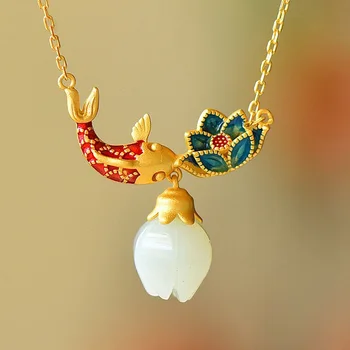 Prírodné hotan jade náhrdelníky smalt ryby-tvarované lotus antické zlato plavidlá prívesok svetlo luxusné čínskom štýle retro šarm šperky