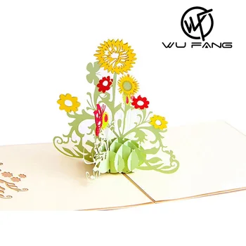 Laserom Rezané Papier HOBBY Ručné 15*15 CM Troch-dimenzionální Pohľadnice 3D Slnečnica Kvet Happy Birthday Pohľadnica Obálky