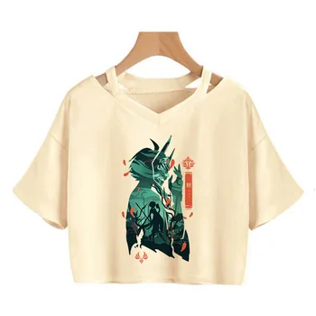 Genshin Vplyv Kawaii T Shirt Ženy, Hry, Grafické Tees Plodín Topy Harajuku Cartoon Hu Tao T-shirt Zábavné Keqing Žena Tričko 90. rokov