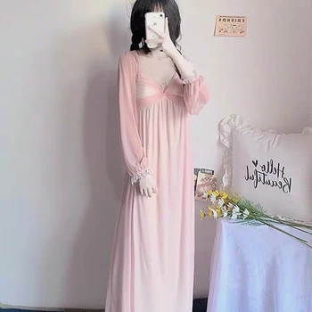 Long-sleeve Nightgowns Ženy Jednoduchého tvaru Sexy Sladký Temperament Retro Dizajn Domov Sleepwear Jar Ulzzang Femme Priedušná