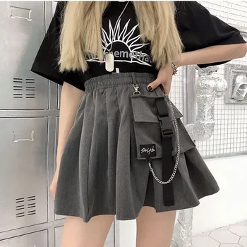 Dámske Mini Skladaná Sukňa Streetwear Módy Gotický Čierne Krátke Sukne S Pásom Reťazca Bežné Vysoký Pás Harajuku Ženy Sukne