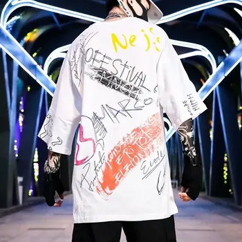 Pánske Tričká kórejský Harajuku Streetwear Módy Hip Hop Šortky Rukáv Topy Tee Mužov Bežné Mužov Oblečenie Graffiti T Košele Mužov