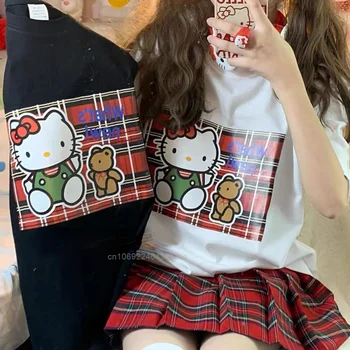 Letné Módny Trend Nové Hello Kitty Tričko Ženy Bežné Grafické Šaty, Topy Y2k Dievča Krátke Rukávy Bavlna Roztomilý Košele Žena