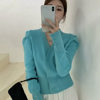 Nový Ženy Knitwear Kabát kórejský Lístkového Dlhý Rukáv V krku Slim Krátky Pletený Sveter Sveter Bunda Cardigan Ženy 2021 Novú Jar
