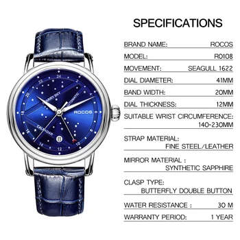 ROCOS pánske Automatické Mechanické Hodinky Nový Luxusný Nočnej Oblohe Sledovať Nepremokavé Športové Dátum, Luminiscenčné Sapphire Náramkové hodinky R0108