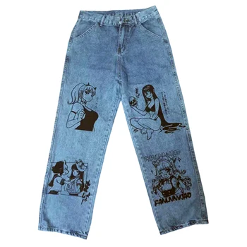 Vintage Umyté Džínsy Ženy Streetwear Džínsy Harajuku Komiksu, Anime Tlač Džínsy Módne Dievča Džínsy Voľné Širokú Nohu, Nohavice Bavlna
