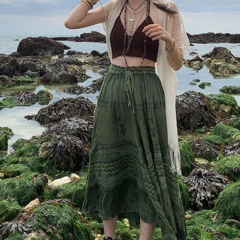 Jeseň Tlač Zelená Dlhé Sukne Retro Kawaii Čipky Skladaný Sukne Grunge Fairycore Boho Pláži Sukne Ženy Oblečenie