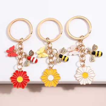 Roztomilý Smalt Keychain Motýľ včiel medonosných Kvet Krúžok na Jar kľúčenky Záhrady, Darčeky Pre Ženy, Dievčatá DIY Ručne vyrábané Šperky