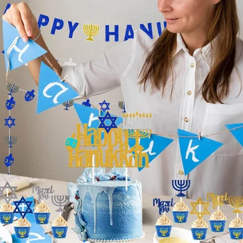 Šťastný Hanukkah Banner Candelabra Šesťhranné Star Garland Mazel Tov Tortu Vňaťou Nastaviť pre Židovské Hanukkah Dekorácie Dodávky