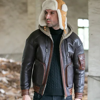 Obojstranné Vlna Shearling Mens Kapucí Vlna Kabát Muž Originálne Kožené Oblečenie Kabát Zimný Veľkosť S - 5XL