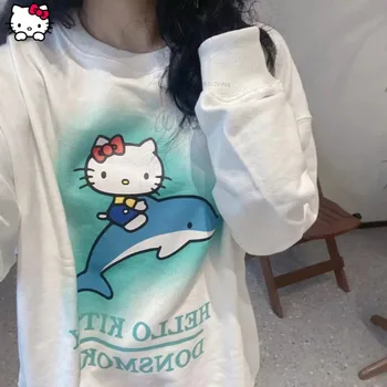 Sanrio Hello Kitty Dolphin Vytlačené Sveter Y2k Bavlna Vintage Nové dámske Tričko Dlhý Rukáv Tričko Štýl Príčinné Top Dievča Oblečenie