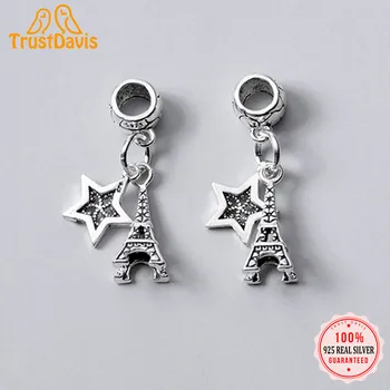 TrustDavis Reálne 925 Sterling Thai Striebro Módne Sladké Star Veža zobrazili kľúčové tlačidlá na Náramok alebo Náhrdelník DIY Accessorie Šperky DZ220