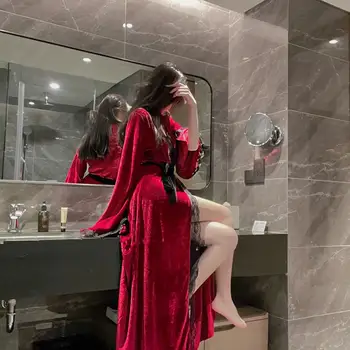 Pijamas Ženy Bridesmaid, Šaty Na Jeseň Zima Dlho Sexy Čipka Župan Red Velvet Vintage Elegantný Dlhý Rukáv Župan Femme Župan