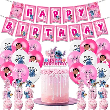 Cartoon Lilo a Stitch Pink Témy Narodeninovej Party Dekorácie Cake Decoration Banner Baby Sprcha Dekor Dodávky Chlapec Dievča Darček