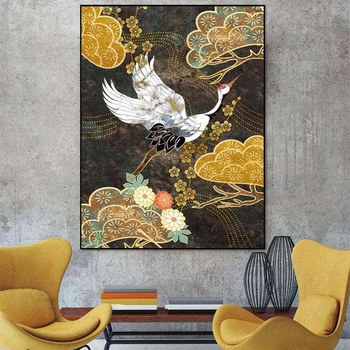 Staroveký Čínsky Štýl Golden Flower Žeriav Plátno Maľby Zvierat Abstraktné Dekorácie Plagát Na Stenu Estetika Miestnosti Dekorácie